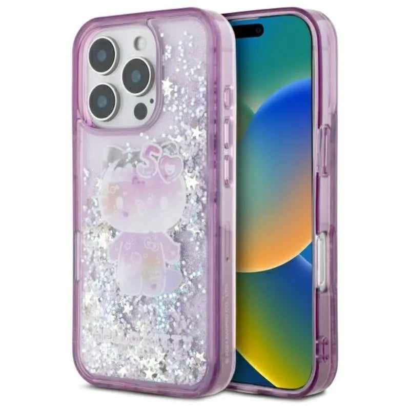 Hello Kitty Liquid Glitter 50TH Anniversary Party – dėklas Apple iPhone 16 Pro (violetinis)