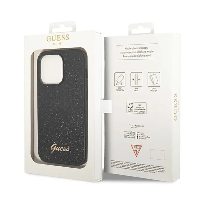 Guess Glitter Flakes Metal Logo dėklas – dėklas, skirtas iPhone 14 Pro (juodas)