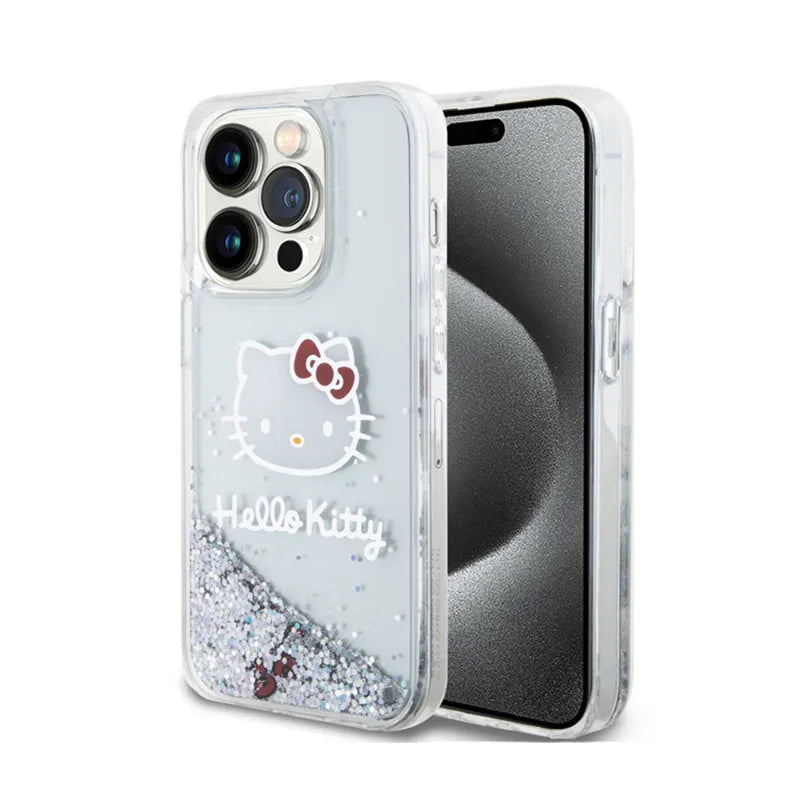 Hello Kitty Liquid Glitter Charms Kitty Head – dėklas iPhone 14 Pro (sidabrinis)