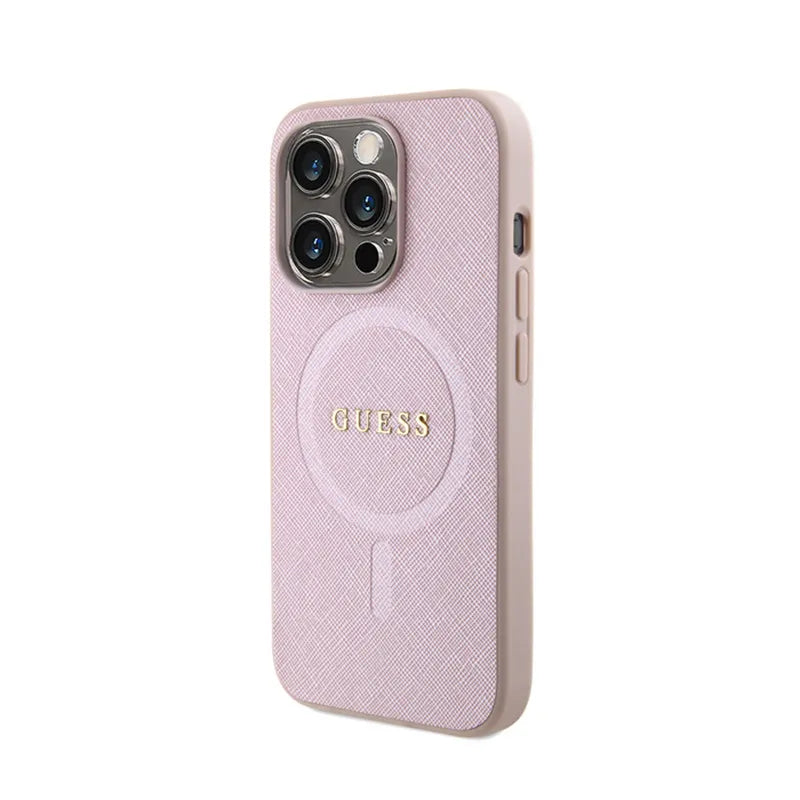 Guess Saffiano MagSafe – dėklas iPhone 15 Pro telefonui (rožinis)