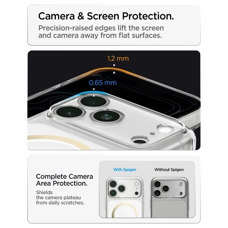 Spigen Ultra Hybrid Mag MagSafe – dėklas, skirtas iPhone 18 Pro Max / 17 Pro Max (skaidrus / auksinis)