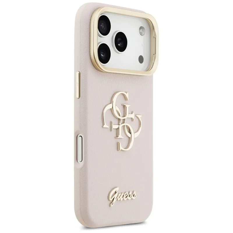 Guess Grained Big 4G & Stand Camera – dėklas iPhone 17 Pro (rožinis)