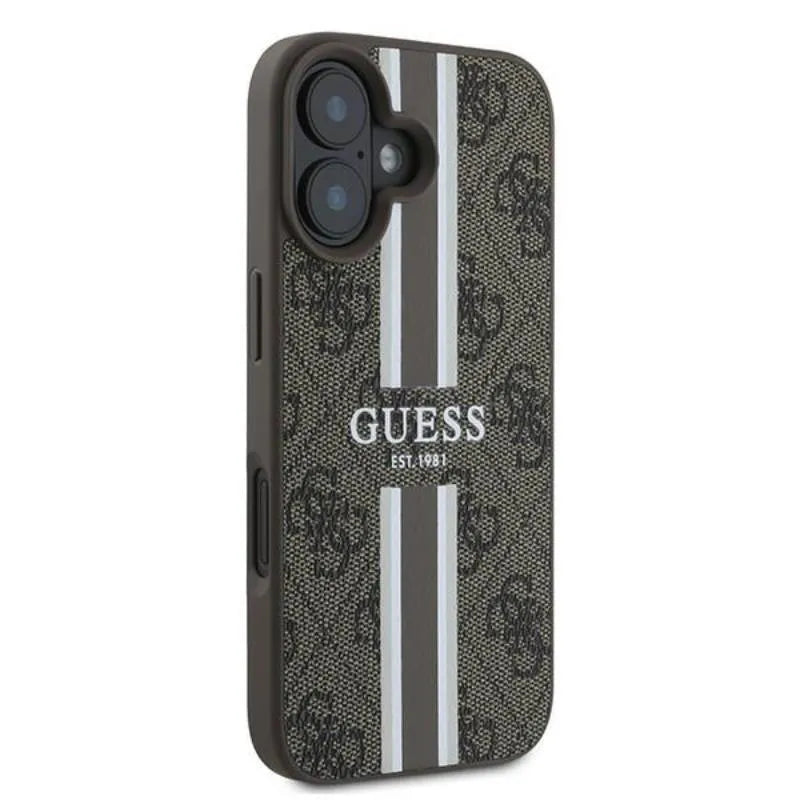Guess 4G Printed Stripes MagSafe – dėklas iPhone 16 Plus (ruda)