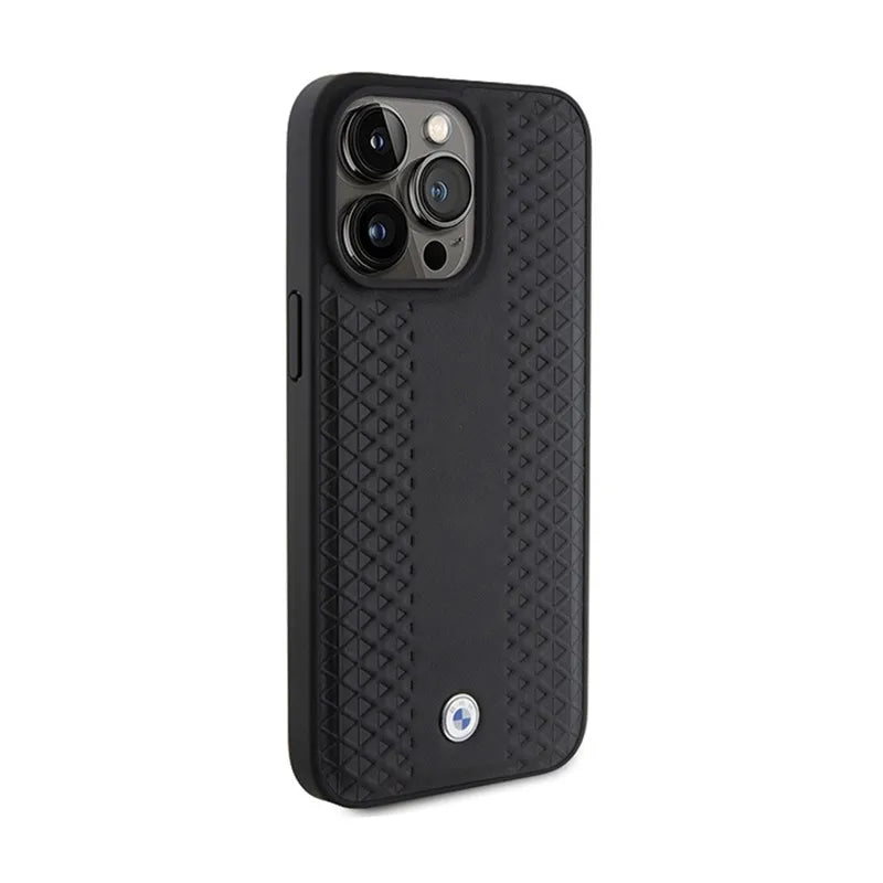BMW odinis dėklas su rombų raštu, skirtas iPhone 15 Pro Max (juodas)
