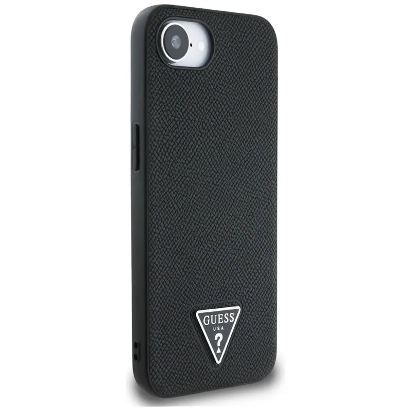 Guess Grained Triangle MagSafe – dėklas iPhone 16e (juodas)