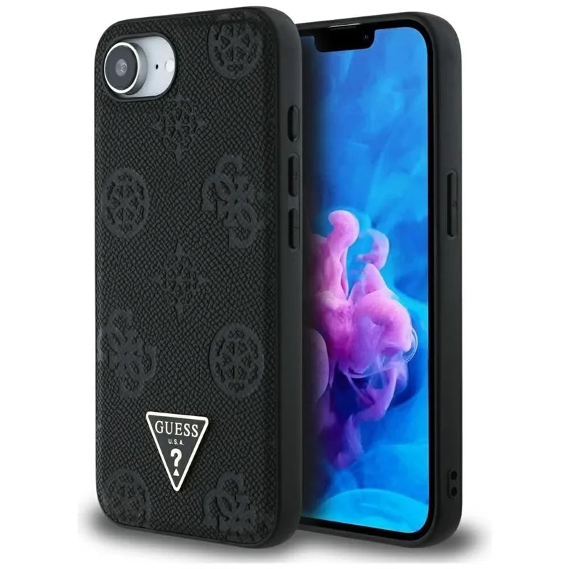 Guess Grained Hot Stamp Peony Triangle Logo MagSafe – Dėklas iPhone 16e telefonui (juodas)