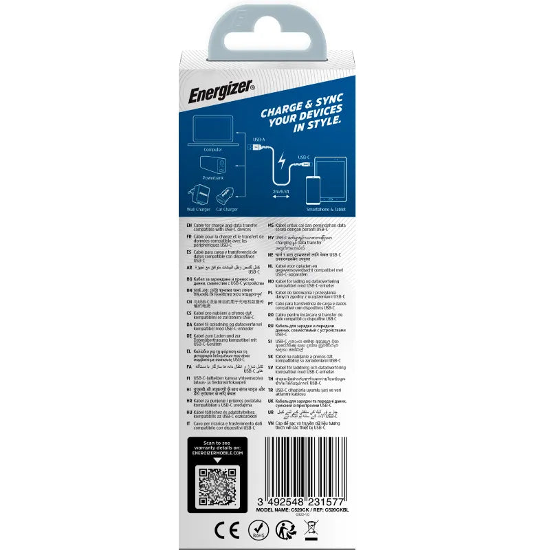 „Energizer Ultimate“ – „USB-A“ į „USB-C“ jungiamasis kabelis, 2 m (mėlynas)