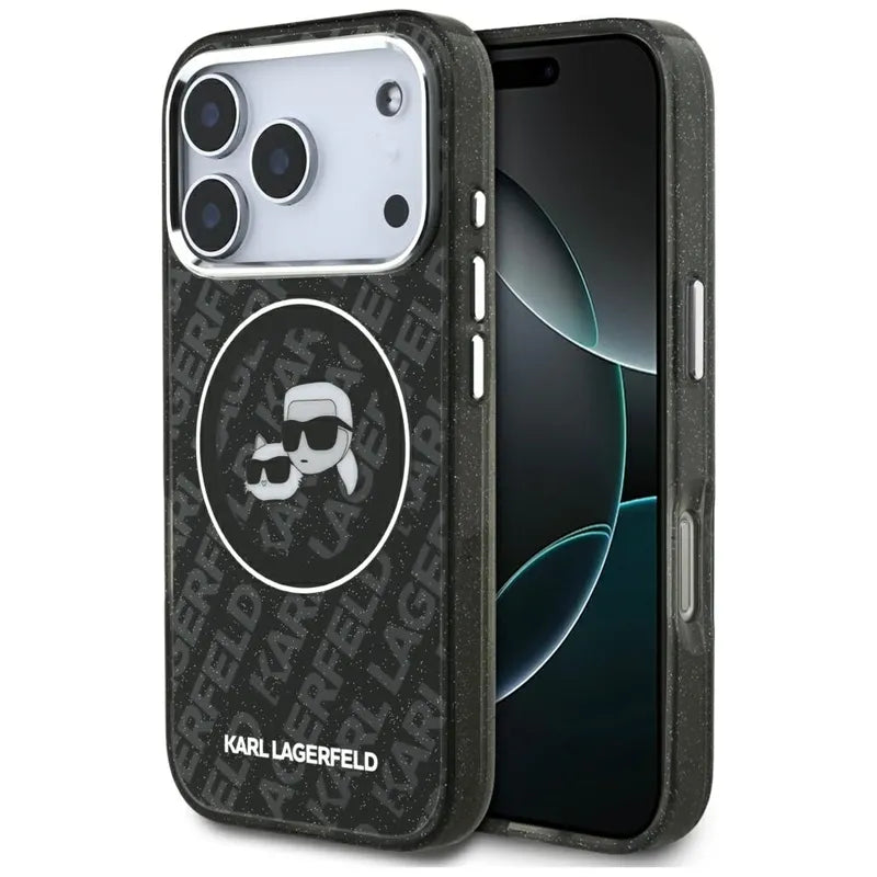 Karl Lagerfeld IML Glitter Karl & Choupette Heads Logo MagSafe – dėklas iPhone 17 Pro (juodas)