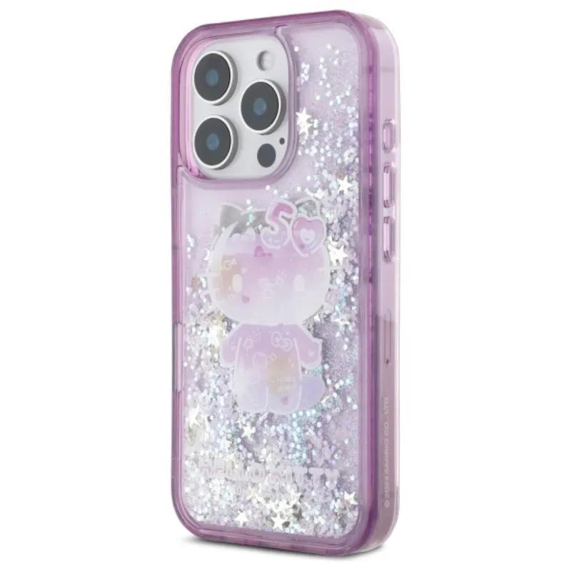 Hello Kitty Liquid Glitter 50TH Anniversary Party – dėklas Apple iPhone 16 Pro (violetinis)