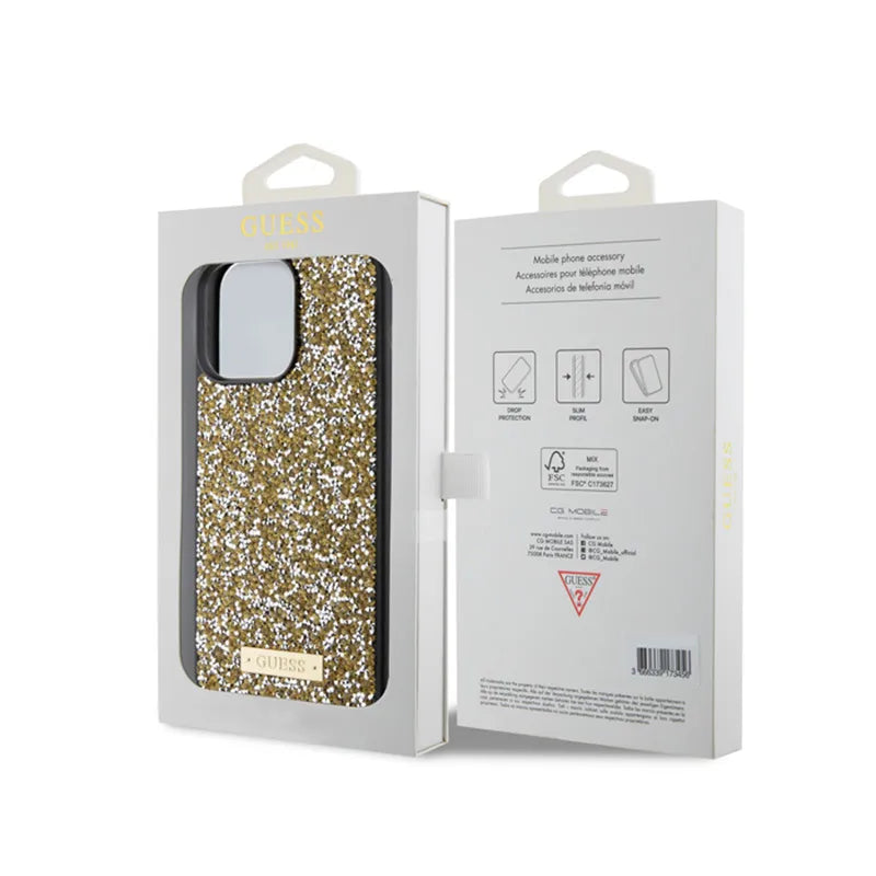 Guess Rhinestone Metal Logo – dėklas iPhone 15 Pro Max telefonui (geltonas)