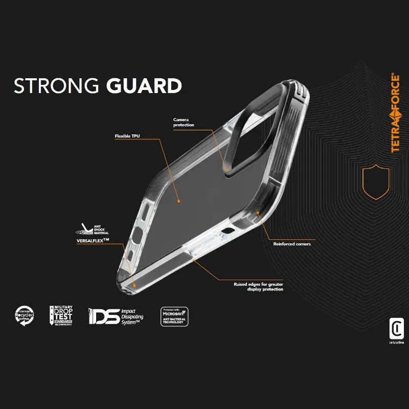 Cellularline Tetra Force Strong Guard – „iPhone 15 Pro“ dėklas su MICROBAN danga (skaidrus)