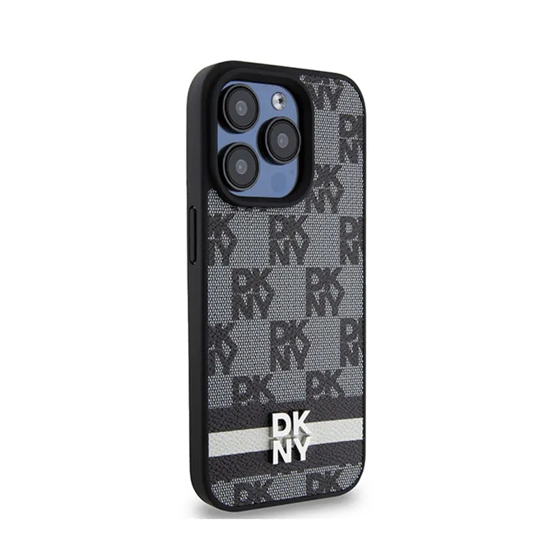 DKNY Leather Checkered Mono Pattern & Printed Stripes – iPhone 15 Pro dėklas (juodas)