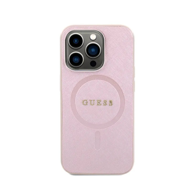 Guess Saffiano MagSafe – dėklas iPhone 15 Pro telefonui (rožinis)