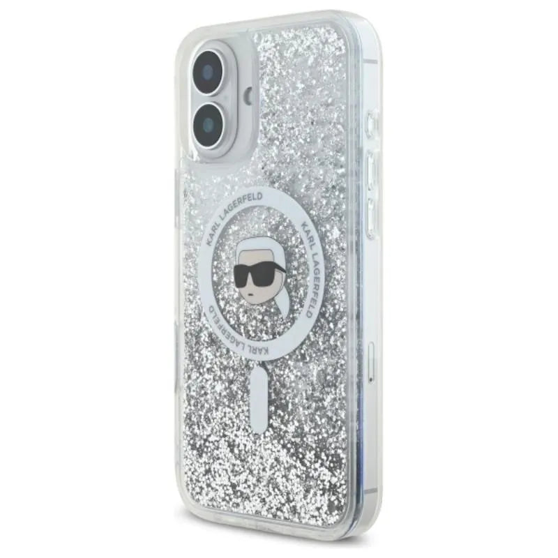 Karl Lagerfeld Liquid Glitter Karl Head MagSafe - dėklas, skirtas iPhone 16 Plus (skaidrus)