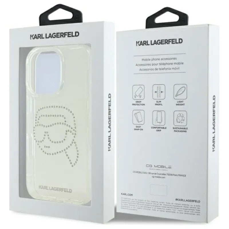 Karl Lagerfeld IML Rhinestones Karl Head dėklas, skirtas iPhone 16 Pro (skaidrus)