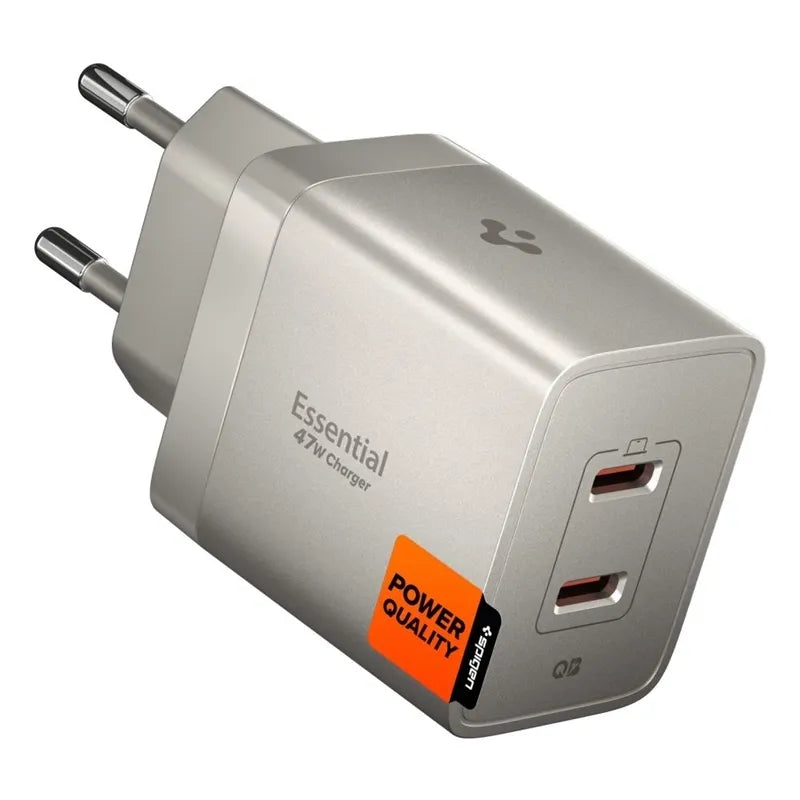 Spigen Essential EE472EU GaN – 2x USB-C PD PPS 47W sieninis įkroviklis (natūralaus titano spalvos)