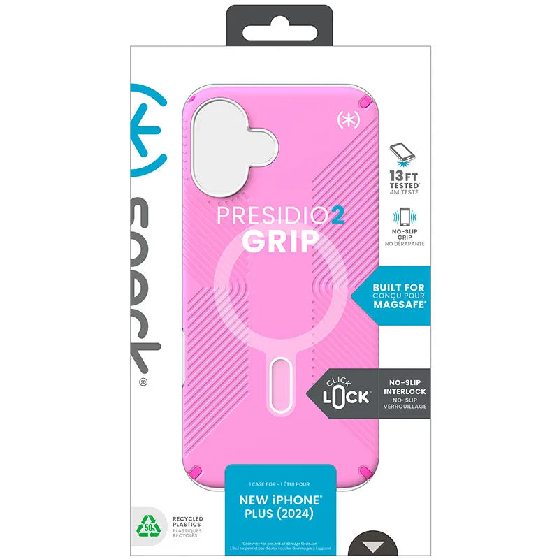 Speck Presidio2 Grip ClickLock & MagSafe - iPhone 16 Plus dėklas (True Pink / Shocking Pink / White)