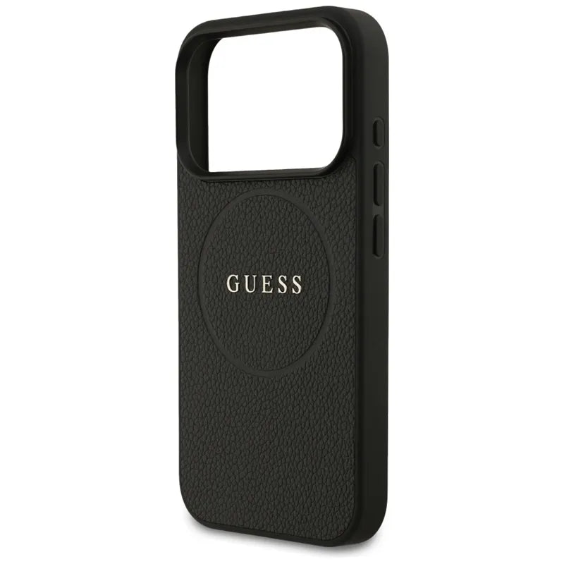 Guess Grained Ring MagSafe – Dėklas iPhone 17 Pro (juodas)