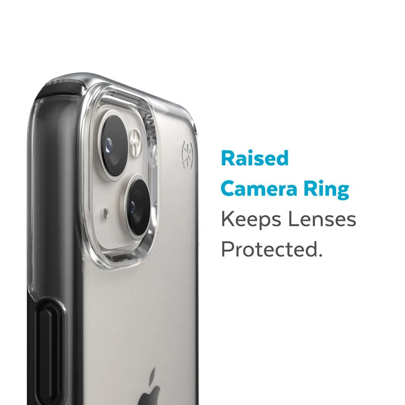 Speck Presidio Perfect-Clear su Impact Geometry – iPhone 15 Plus / 14 Plus dėklas su MICROBAN danga (skaidrus / juodas)