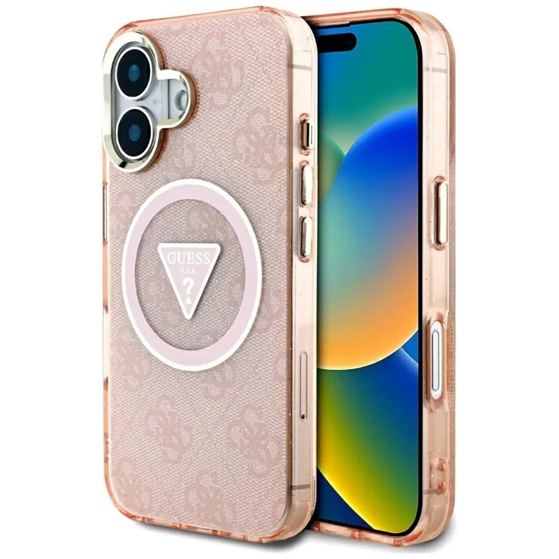 Guess IML Metal Glitter 4G Circle Triangle MagSafe – dėklas iPhone 16 (rožinis)