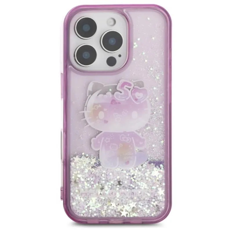Hello Kitty Liquid Glitter 50TH Anniversary Party – dėklas Apple iPhone 16 Pro (violetinis)