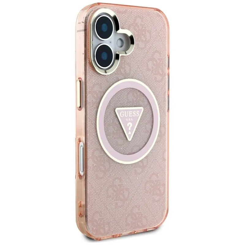 Guess IML Metal Glitter 4G Circle Triangle MagSafe – dėklas iPhone 16 (rožinis)