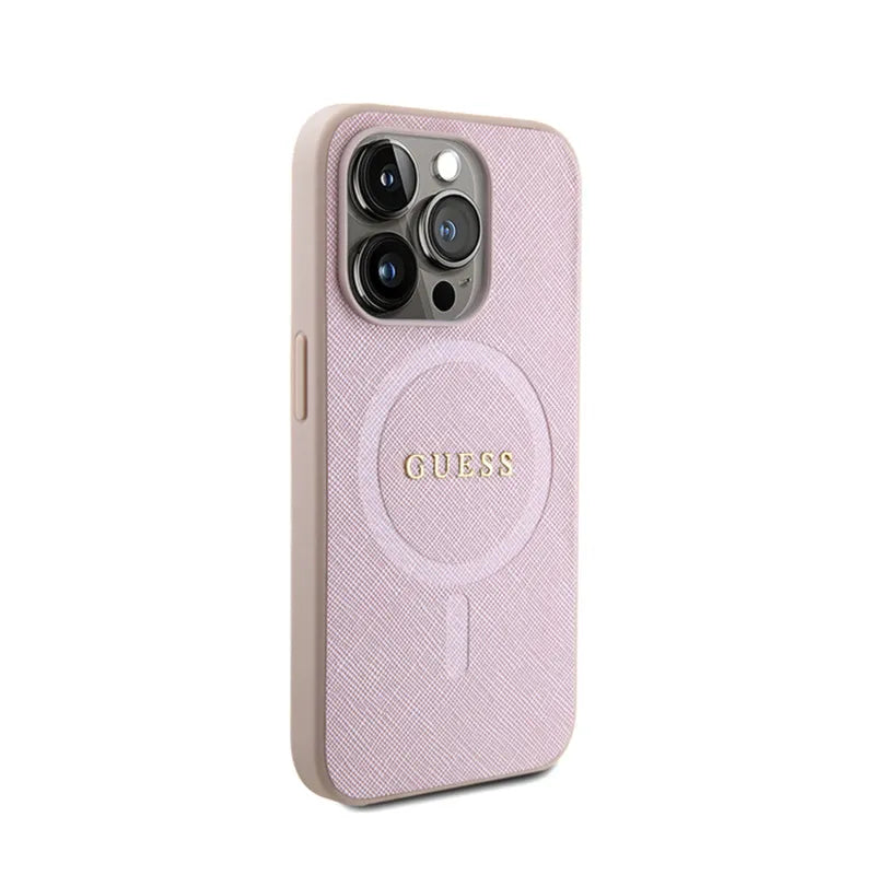 Guess Saffiano MagSafe – dėklas iPhone 15 Pro telefonui (rožinis)
