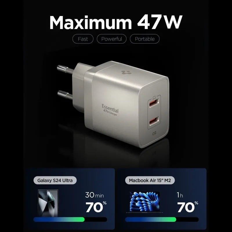 Spigen Essential EE472EU GaN – 2x USB-C PD PPS 47W sieninis įkroviklis (natūralaus titano spalvos)