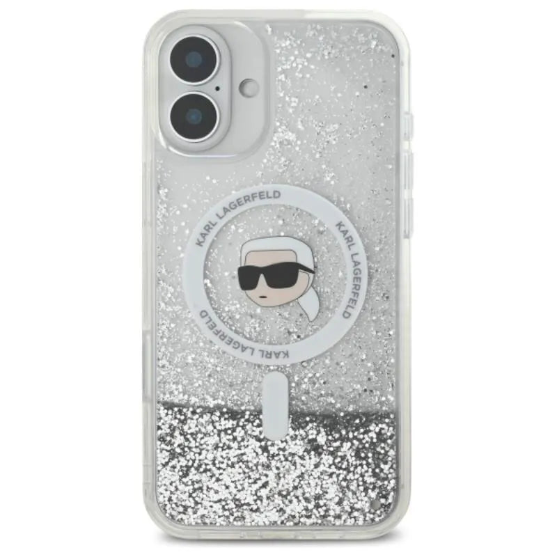 Karl Lagerfeld Liquid Glitter Karl Head MagSafe - dėklas, skirtas iPhone 16 Plus (skaidrus)