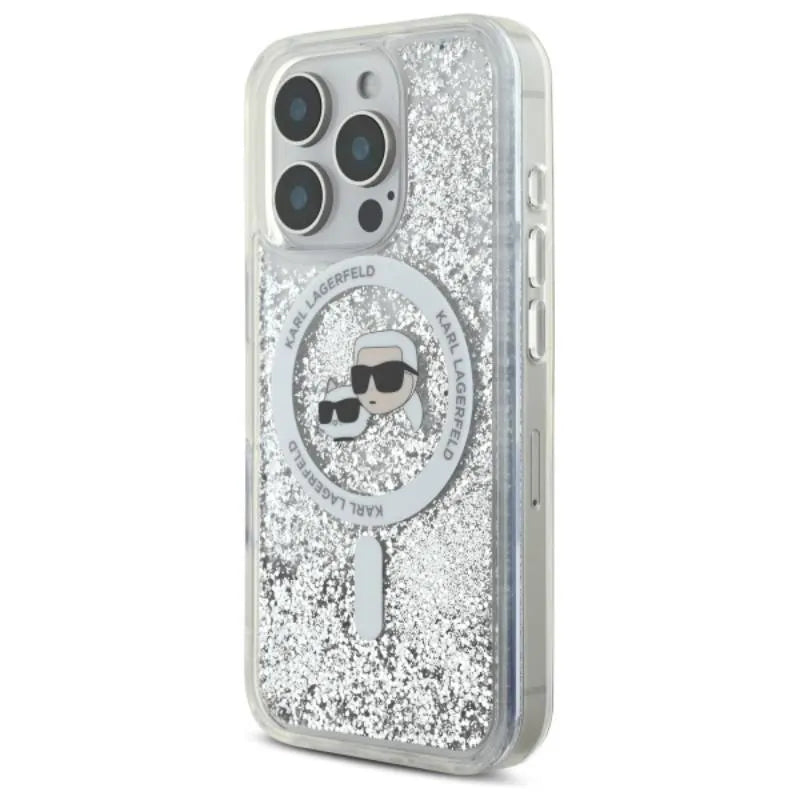 Karl Lagerfeld Liquid Glitter Karl & Choupette Head MagSafe – dėklas iPhone 16 Pro (skaidrus)