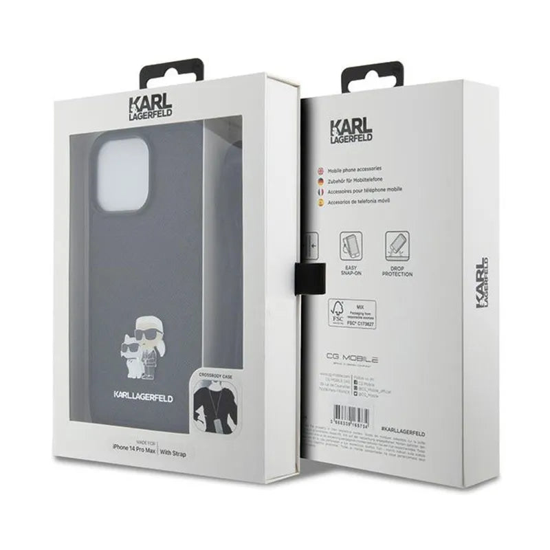 Karl Lagerfeld Crossbody Saffiano Metal Pin Karl & Choupette dėklas iPhone 14 Pro Max (juodas)