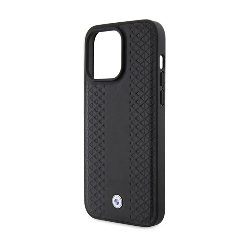BMW odinis dėklas su rombų raštu, skirtas iPhone 15 Pro Max (juodas)