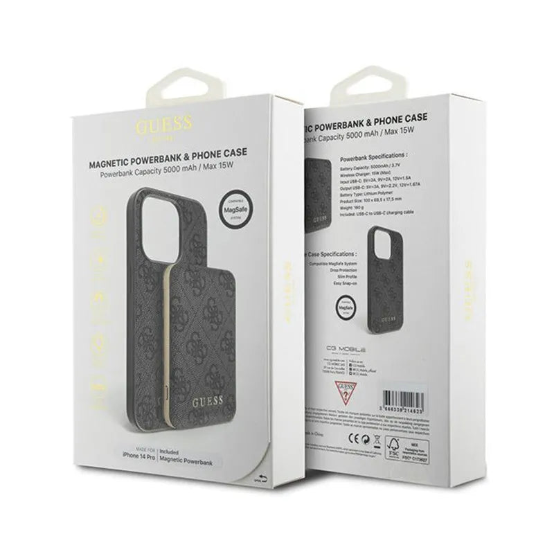 Guess rinkinys MagSafe 4G Metal Gold Logo – dėklas + 5000mAh MagSafe maitinimo baterija iPhone 14 Pro (juodas)