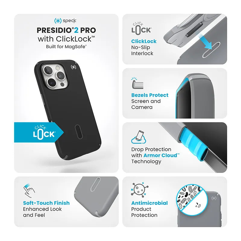 Speck Presidio2 Pro ClickLock & MagSafe – dėklas iPhone 16 Pro (juodas / skalūno pilkas / baltas)