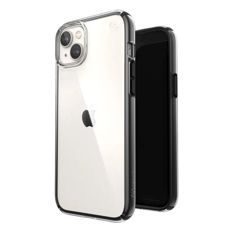 Speck Presidio Perfect-Clear su Impact Geometry – iPhone 15 Plus / 14 Plus dėklas su MICROBAN danga (skaidrus / juodas)