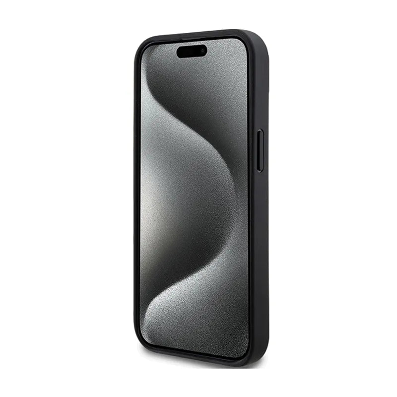 DKNY Leather Mono Stripe & Metal Logo – Dėklas iPhone 15 Plus / 14 Plus (juodas)
