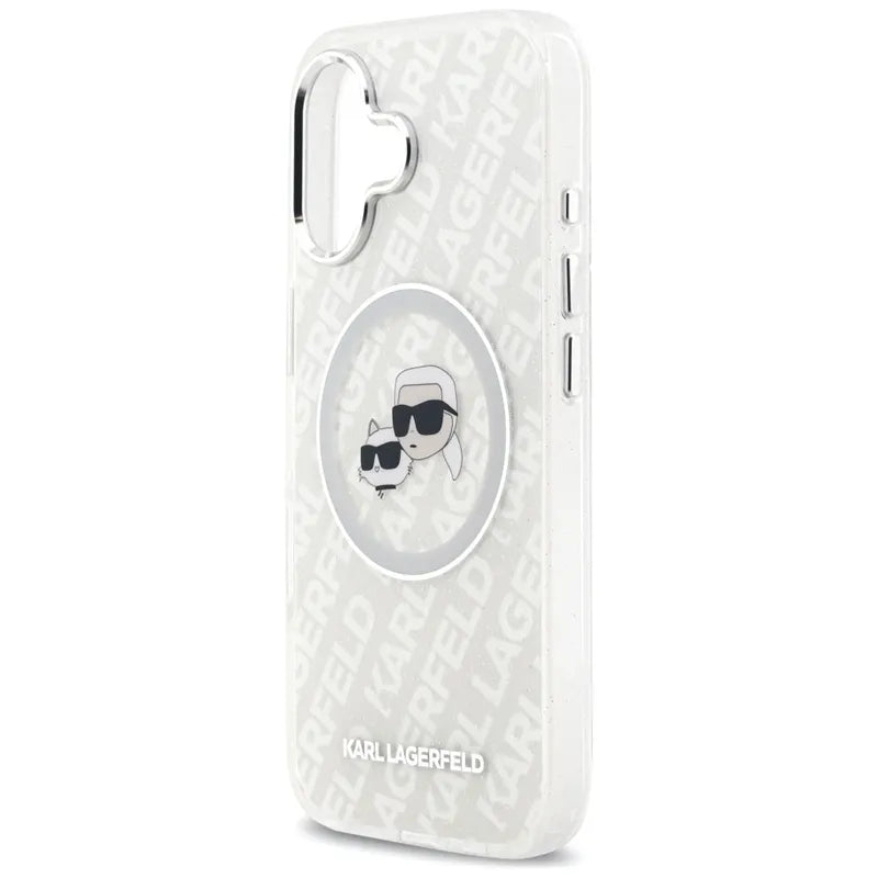 Karl Lagerfeld IML Glitter Karl & Choupette Heads Logo MagSafe dėklas iPhone 17 (pilkas)