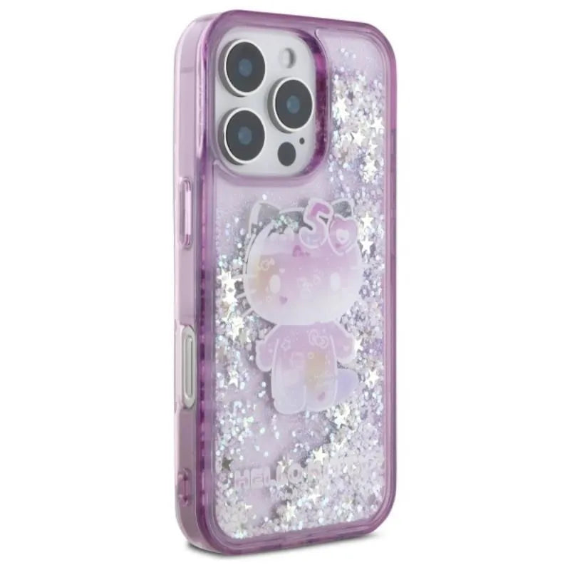 Hello Kitty Liquid Glitter 50TH Anniversary Party – dėklas Apple iPhone 16 Pro (violetinis)