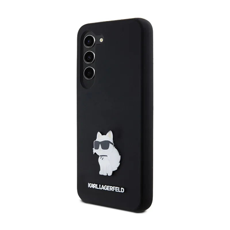 Karl Lagerfeld Silicone Choupette Metal Pin – dėklas Samsung Galaxy S24 (juodas)