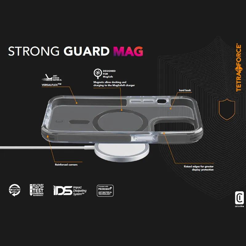 Cellularline Tetra Force Strong Guard Mag – iPhone 15 Pro MagSafe dėklas su MICROBAN danga (skaidrus)
