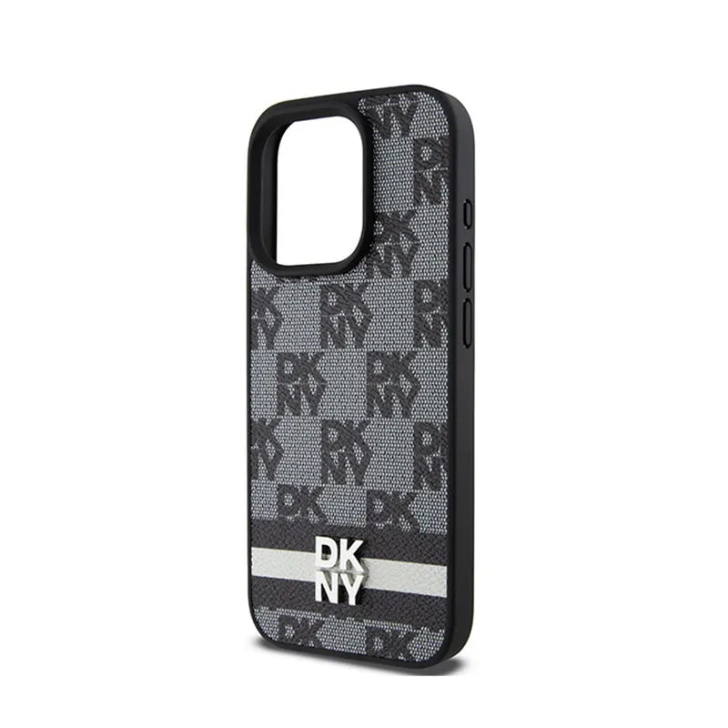 DKNY Leather Checkered Mono Pattern & Printed Stripes – iPhone 15 Pro dėklas (juodas)
