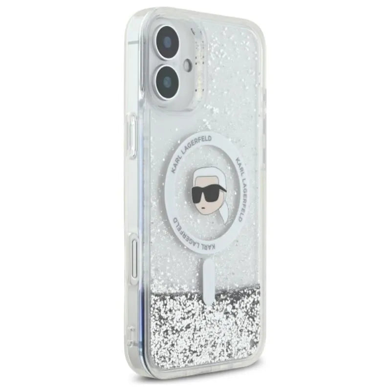 Karl Lagerfeld Liquid Glitter Karl Head MagSafe - dėklas, skirtas iPhone 16 Plus (skaidrus)