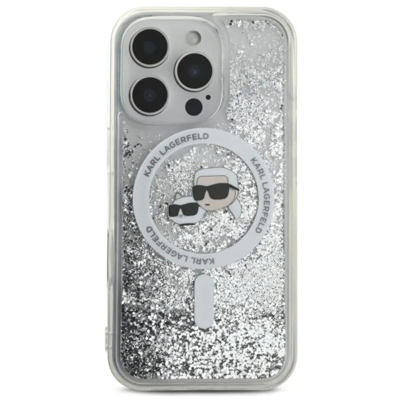 Karl Lagerfeld Liquid Glitter Karl & Choupette Head MagSafe – dėklas iPhone 16 Pro (skaidrus)