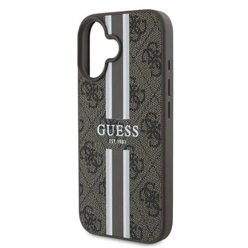 Guess 4G Printed Stripes MagSafe – dėklas iPhone 16 Plus (ruda)