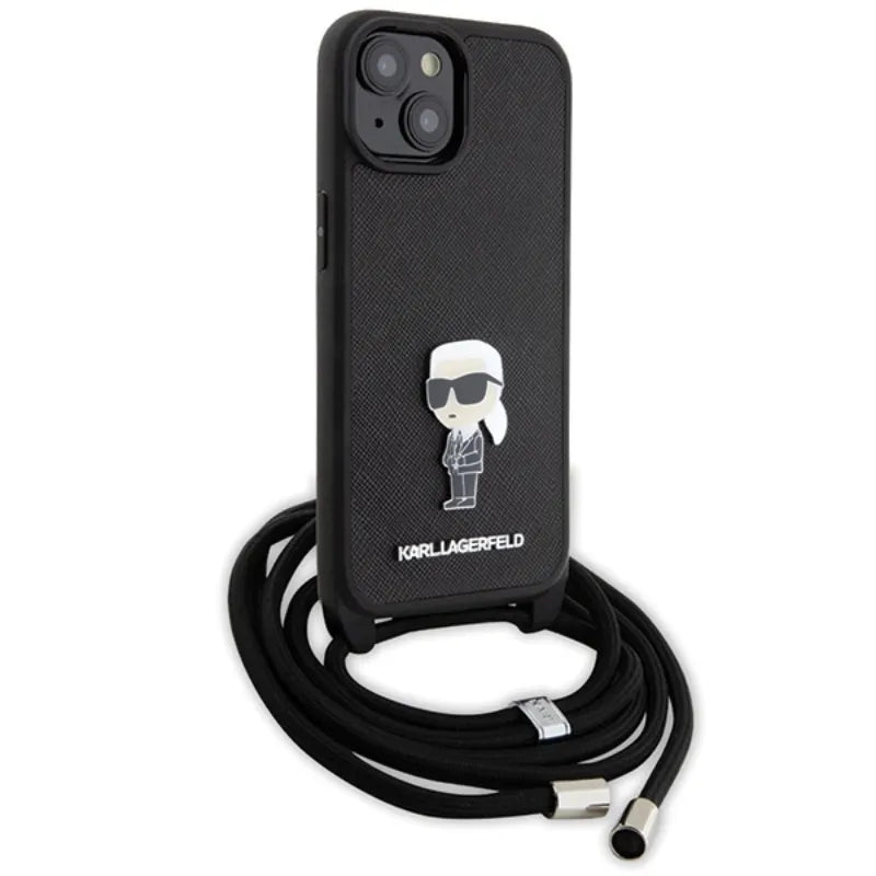 Karl Lagerfeld Crossbody Saffiano Monogram Ikonik Metal Pin – dėklas „iPhone 15“ (juodas)