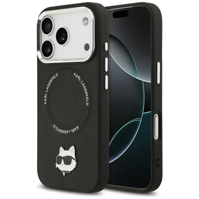 Karl Lagerfeld Choupette Pin MagSafe – dėklas iPhone 17 Pro (juodas)