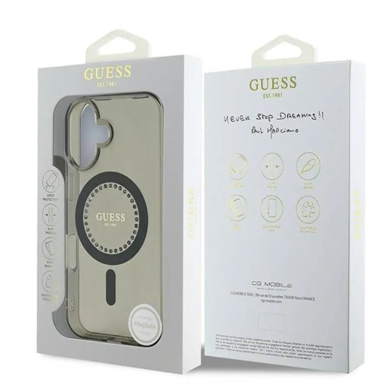 Guess IML Rhinestones MagSafe - Dėklas iPhone 16 Plus (Juodas)