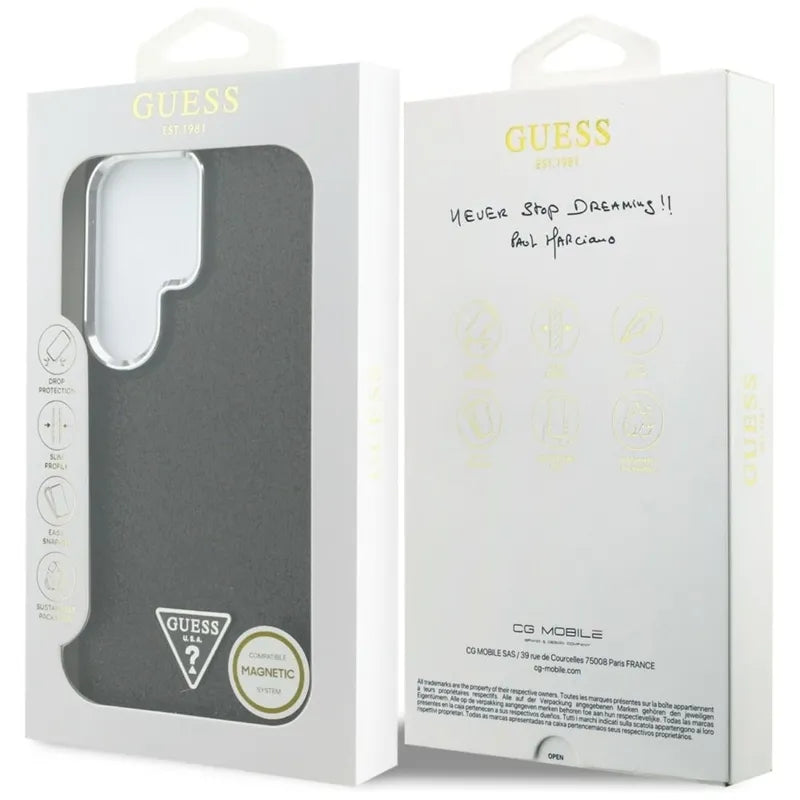Guess Fixed Glitter Triangle MagSafe – Samsung Galaxy S26 Ultra dėklas (juodas)