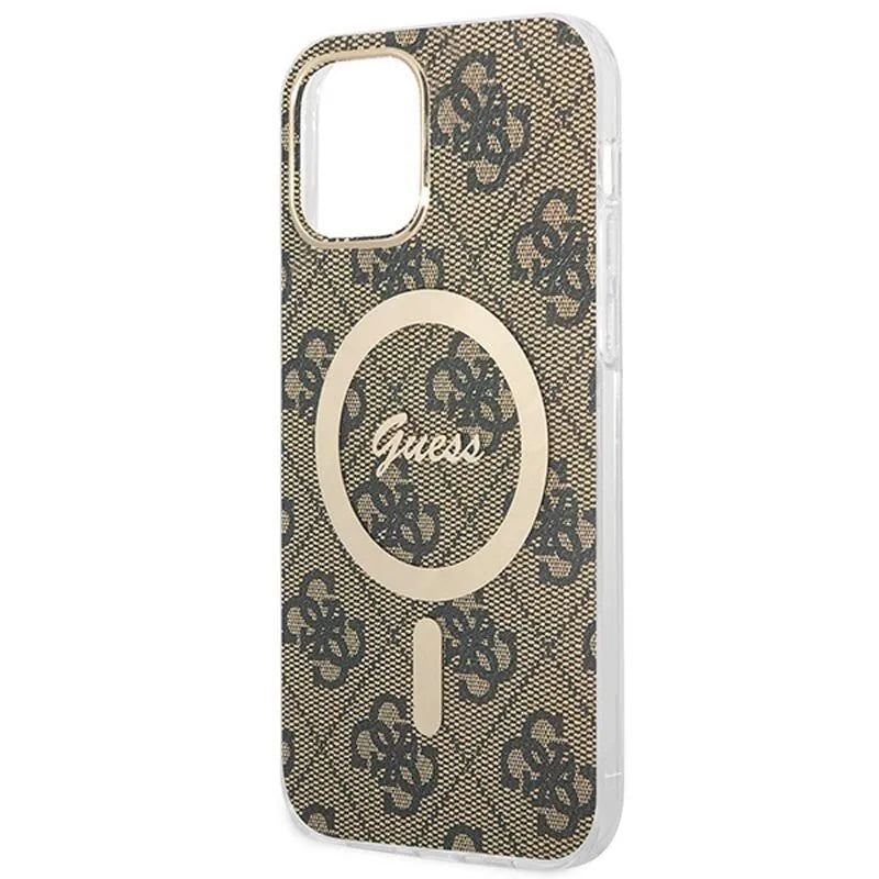Guess Bundle Pack MagSafe 4G – dėklo „iPhone 12 / iPhone 12 Pro“ + „MagSafe“ įkroviklio rinkinys (ruda/auksinė)