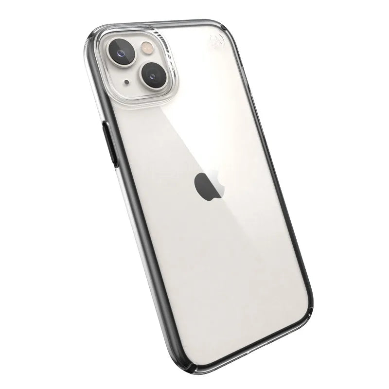 Speck Presidio Perfect-Clear su Impact Geometry – iPhone 15 Plus / 14 Plus dėklas su MICROBAN danga (skaidrus / juodas)